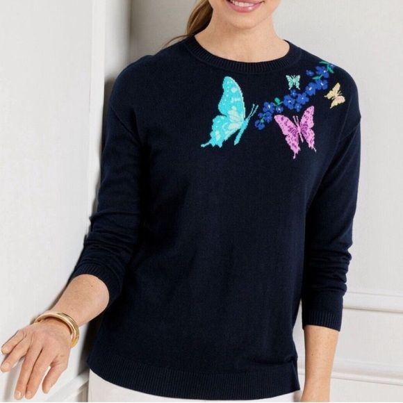 Talbots Floral Butterfly Navy Blue Long Sleeve Spring Sweater Womens Medium - Picture 1 of 12